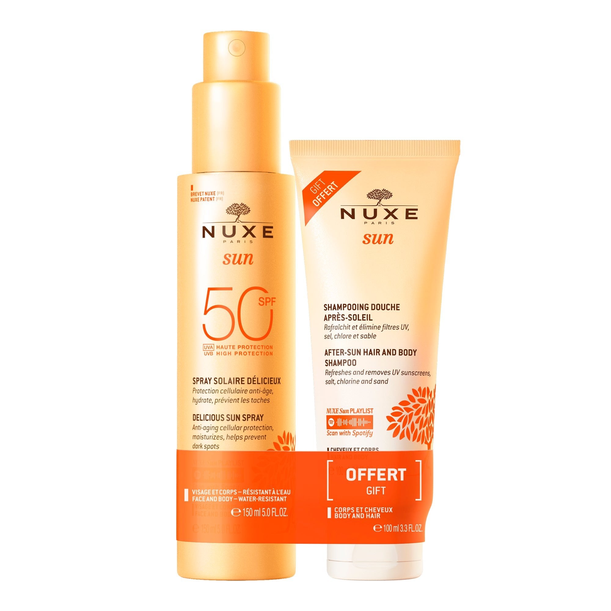 Duo Spray Solaire Délicieux Haute Protection SPF50 et Shampooing Douche après - soleil 100ml offert - NUXE