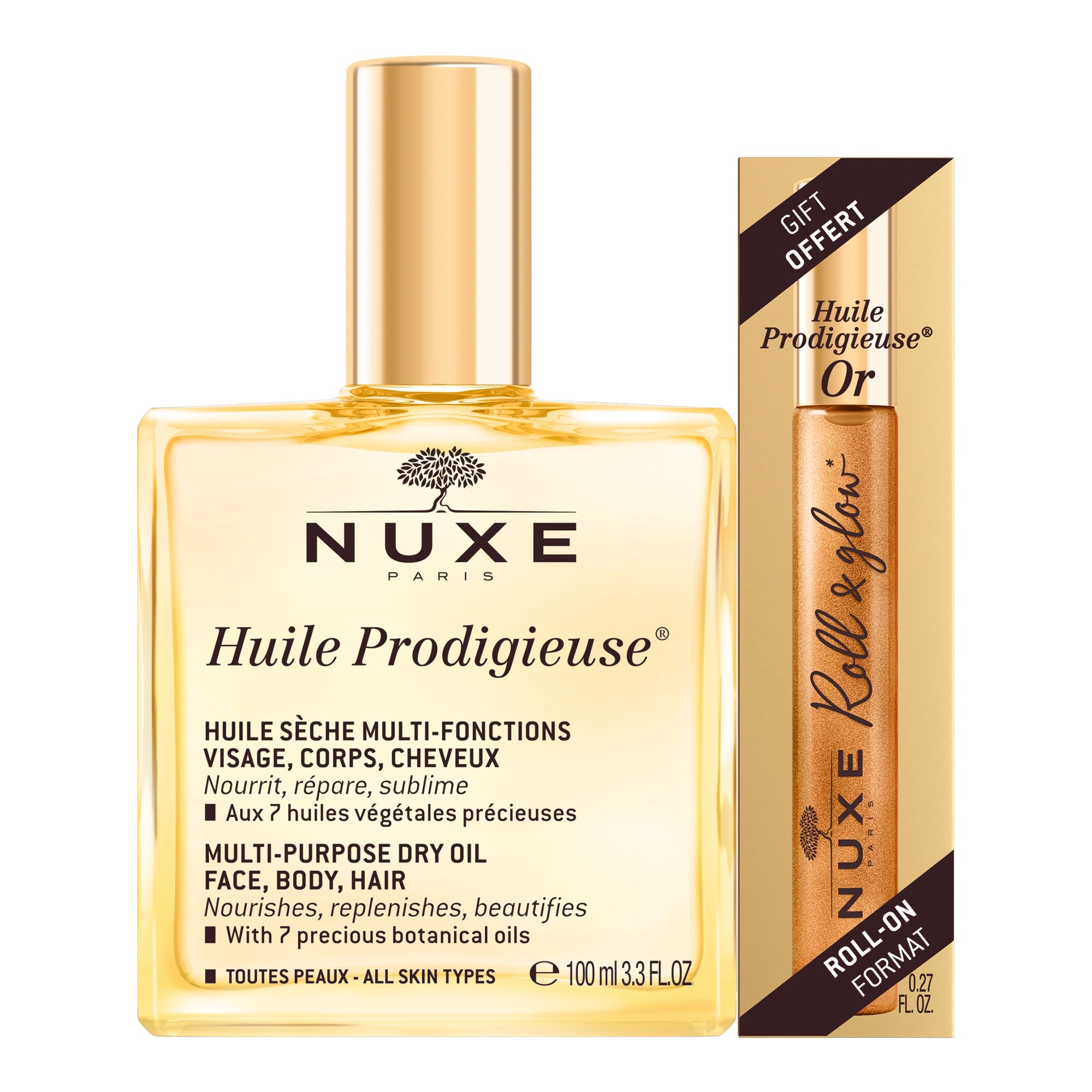 Huile Prodigieuse® 100 ml & Huile Prodigieuse® Or Format Roll - on offert 8ml - NUXE